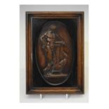 Bronzed metal oval plaque - figure with dog