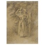 19th Century pencil sketch - Two ladies sheltering under a tree