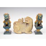 Soapstone Fo Dog and pair of Chinese glazed dogs