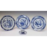 Three Chinese blue and white export porcelain plates