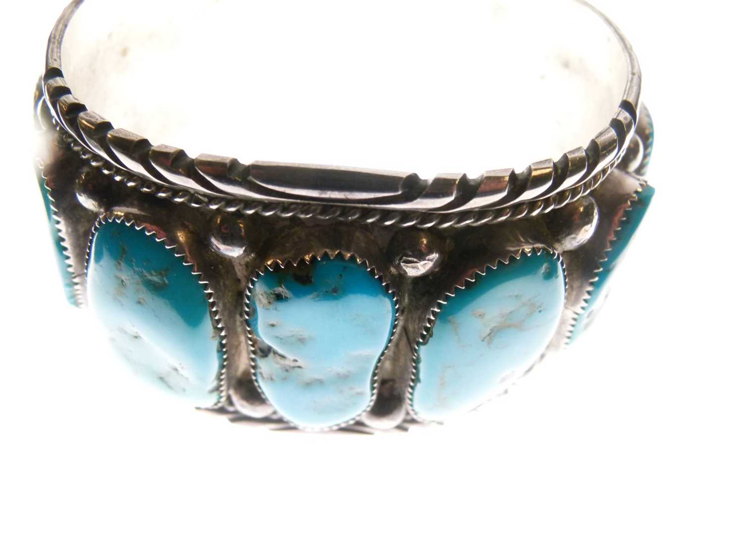 Heavy white metal bangle set irregular turquoise cabochons - Image 5 of 8