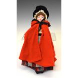 20th Century doll in traditional Welsh dress with painted features