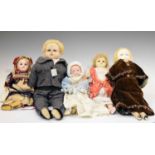 Five late 19th and early 20th Century wax, bisque and composition head dolls