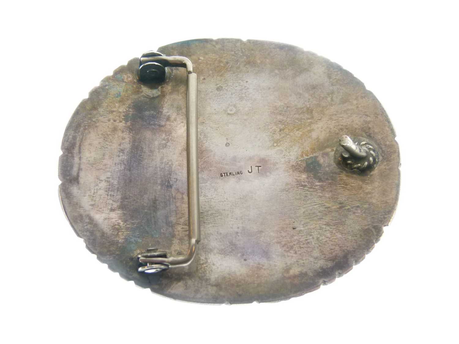 Heavy white metal bangle set irregular turquoise cabochons - Image 3 of 8