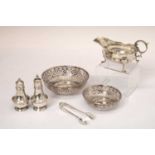 Victorian silver sauce boat, with a collection of small silver items and two silver-plated bobbon di