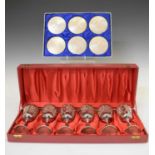 Cased set of six Elizabeth II silver goblets and cased set of six silver coasters