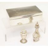Edward VIII silver tabletop box, and two silver pepperettes