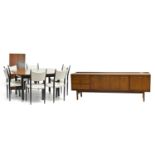 G-Plan extending dining room table, teak sideboard and six chairs
