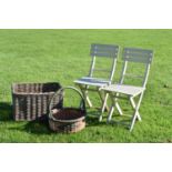 Pair of folding garden or patio chairs, wicker log bin and basket