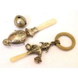George V silver child's 'jester' teether and 'Chick & Egg' rattle