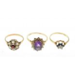 Three 9ct gold stone set dress rings