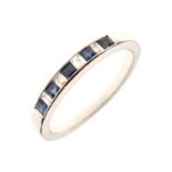 9ct white gold half hoop eternity ring, channel set square cut sapphires and baguette cut diamonds