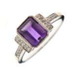 9ct white gold, step-cut amethyst and diamond cluster ring