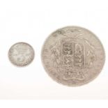 Queen Victoria silver crown, 1847 and a Victorian silver threepence