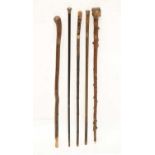 Edwardian silver capped walking cane, together with four walking sticks