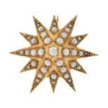 Late Victorian seed pearl and diamond starburst brooch