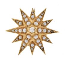 Late Victorian seed pearl and diamond starburst brooch