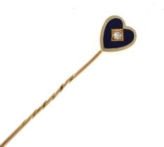An enamel and diamond set heart stick pin