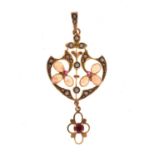 Edwardian opal, seed pearl and ruby pendant