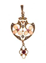Edwardian opal, seed pearl and ruby pendant