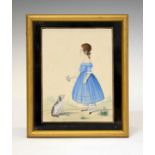 Early to mid 19th Century watercolour miniature of a young lady with dog