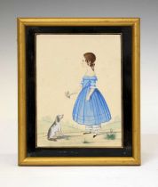 Early to mid 19th Century watercolour miniature of a young lady with dog