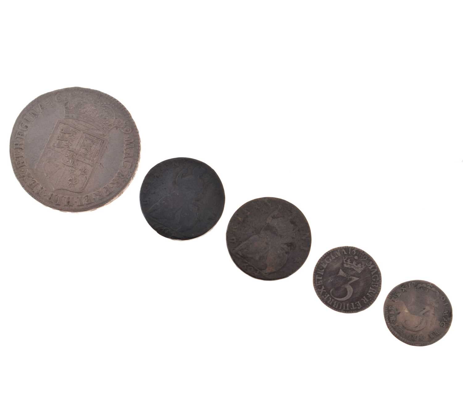 Three William and Mary coins and a William III threepence