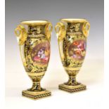 Pair of Bloor Derby porcelain twin-handled pedestal vases
