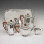 George VI, silver four-piece tea and coffee set with rectangular two-handled tray