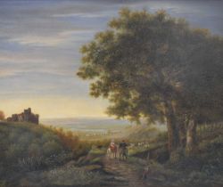 19th Century English school - Oil on canvas - Figures on horseback beside Canterbury Castle