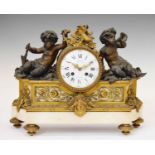 19th Century French white marble, brass and bronze mantel clock
