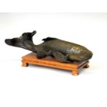 Japanese bronze model of a Koi carp on wooden stand
