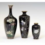 Three Japanese dark blue ground cloisonné vases