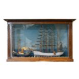 20th Century oak and glazed cased diorama of ships