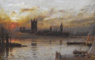 Albert Goodwin R.W.S. (British, 1845-1932) - Watercolour - 'Westminster, Sunset Through The Smoke'