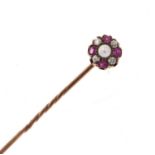 A diamond, ruby and pearl cluster stick pin