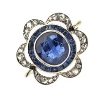 Sapphire, calibre synthetic sapphire and rose diamond ring