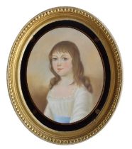 19th Century English School - Pastel on paper - Oval portrait of a young girl