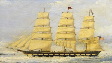 19th Century - Oil on canvas - Three-masted frigate flying the American flag