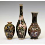 Three Japanese black ground cloisonné vases