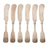 Set of six American fiddle pattern Sterling butter knives