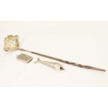 George II silver toddy ladle, a white-metal articulated fish, and a silver vesta case
