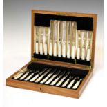 Set of twelve Edward VIII silver fruit knives and forks with mother-of-pearl handles