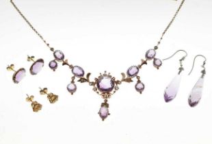 Early 20th century amethyst and seed pearl necklace, tagged '9ct'