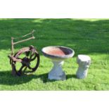 Composite stone garden bird bath, together with an iron wheel