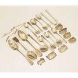 Seven silver decanter labels, nine silver teaspoons, two tablespoons, two asparagus servers, etc