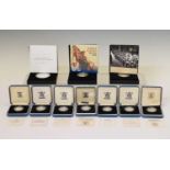 Seven Royal Mint silver proof £1 cased coins