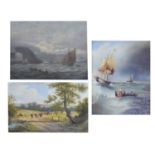 English school - Oil on board - Coast scene with sailing boats