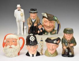 Royal Doulton porcelain figure of Sir Winston Churchill and character jugs