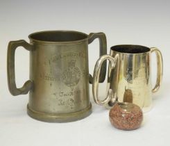 Two late 19th century sporting trophy cups and curling stone paperweight